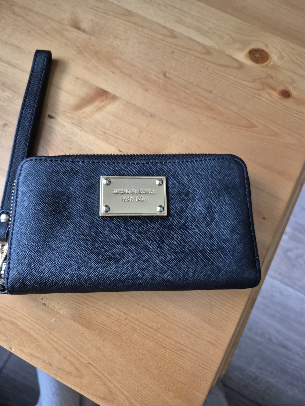 Michael Kors Black Saffiano Leather Wristlet with Gold Plate